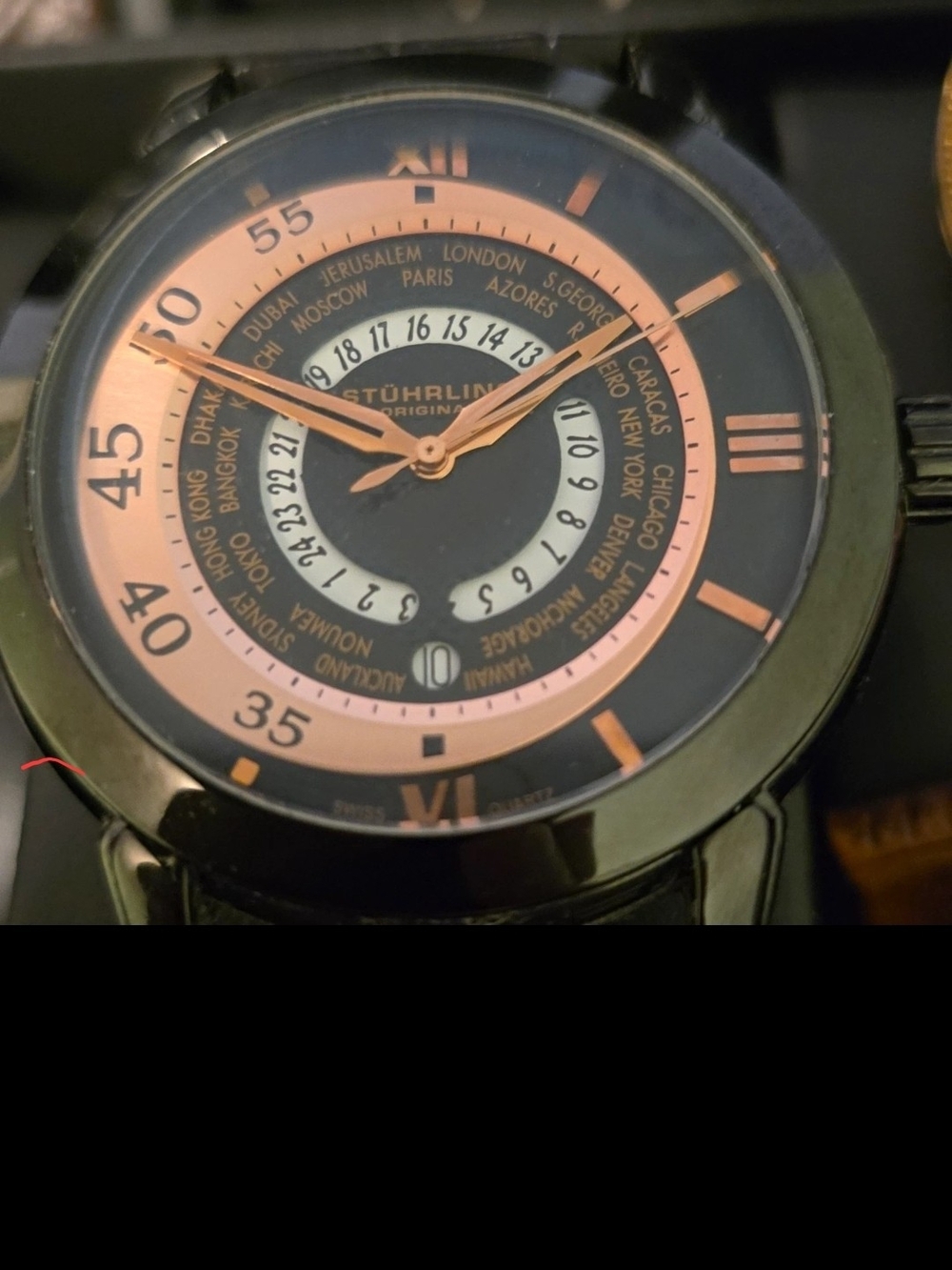 Stuhrling Original Men’s Black and Rose Gold World Time Watch